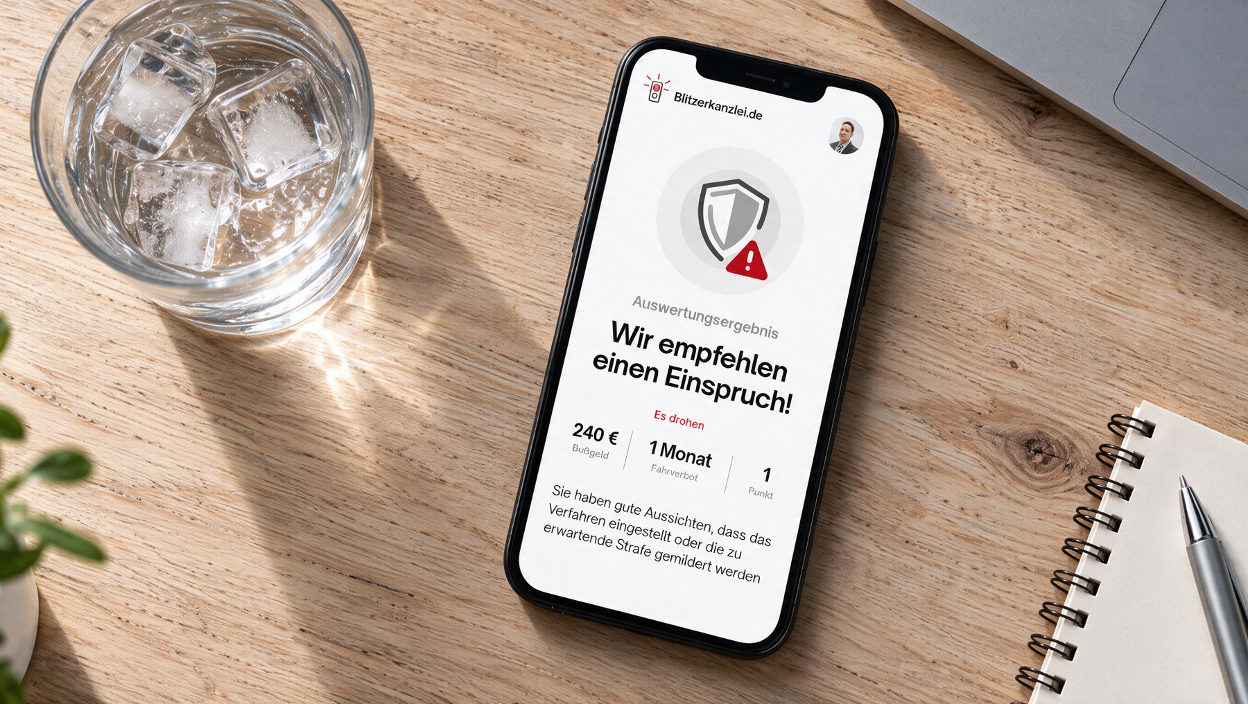 Smartphone auf einem Schreibtisch zeigt die Blitzerkanzlei-Auswertung: Wir empfehlen einen Einspruch